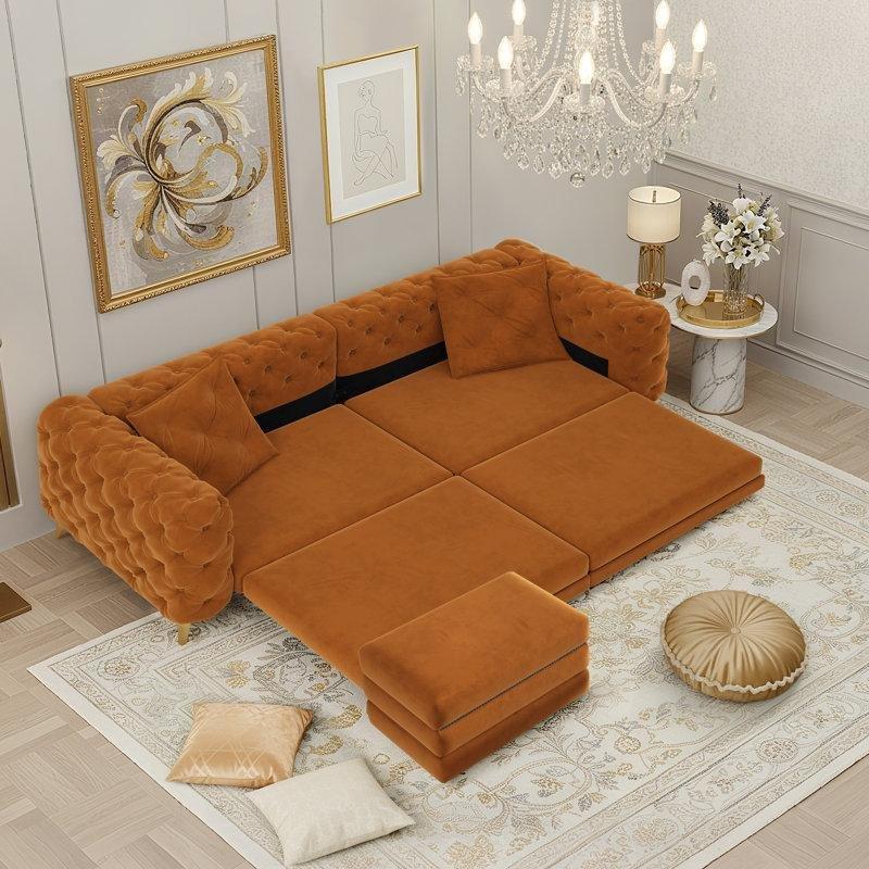 Turuncu Kadife Kapitoneli Metal Ayaklı Yataklı Koltuk - 249 cm - 151696