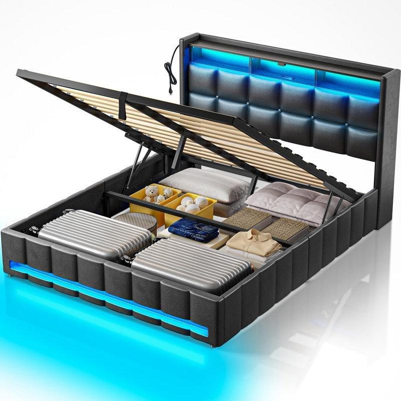 USB Şarjlı ve RGB LED Aydınlatmalı Raflı Bazalı Keten Karyola - 143362