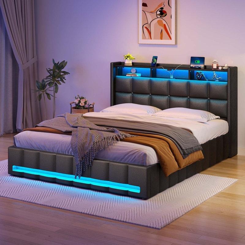 USB Şarjlı ve RGB LED Aydınlatmalı Raflı Bazalı Keten Karyola - 143362