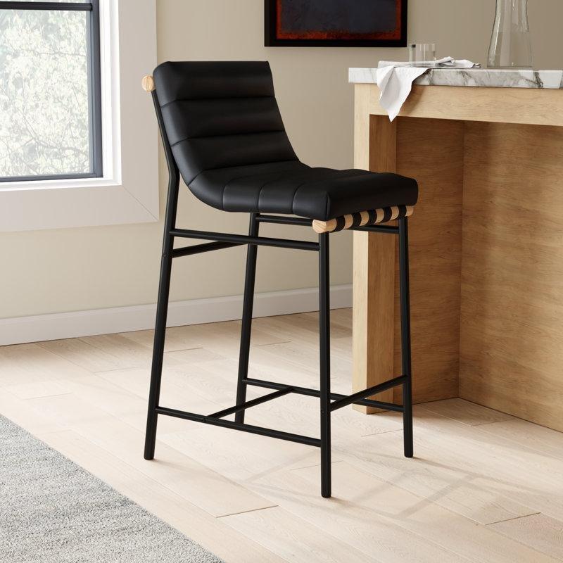 Vegan Deri Döşemeli Mat Siyah Metal Ayaklı Alçak Sırtlı Bar Sandalyesi - 68 cm - 147852