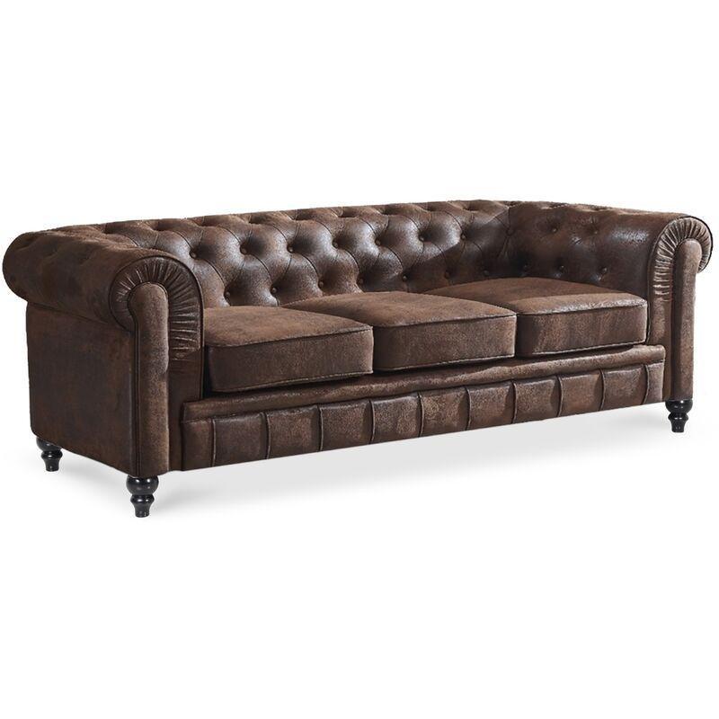 Vintage Kahverengi Mikrofiber Kapitoneli 3 Kişilik Chesterfield Koltuk - 207 cm - 152719