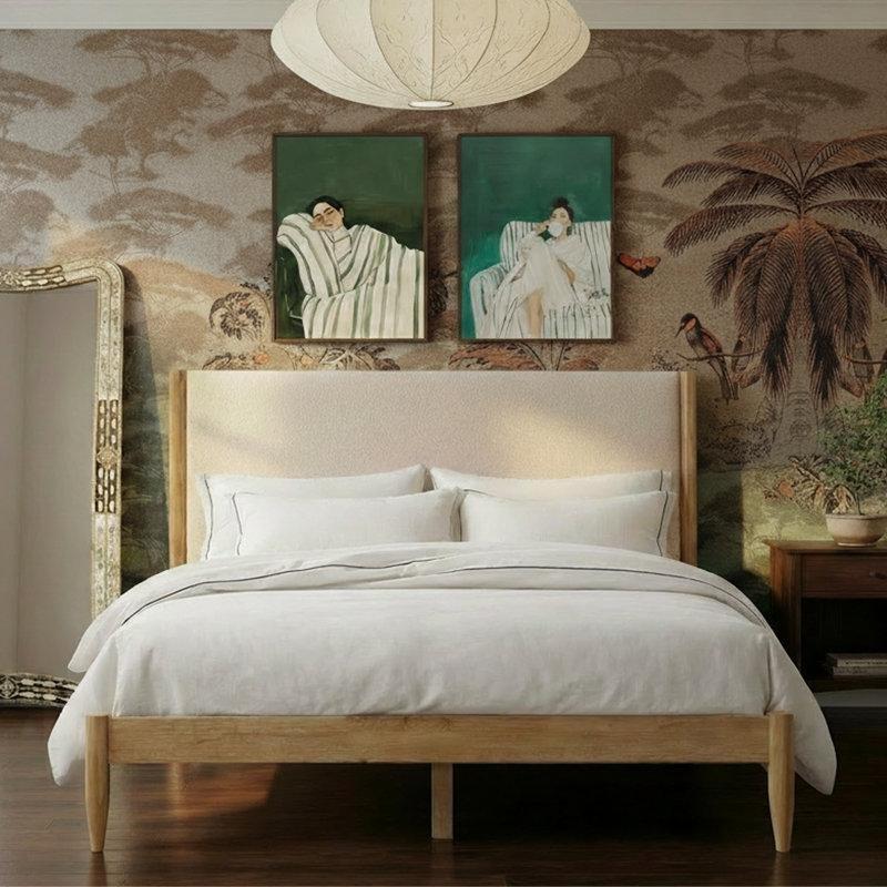 Vizon Bukle Kumaş Döşemeli Masif Ahşap Konik Ayaklı Karyola - 160x200 cm - 143536