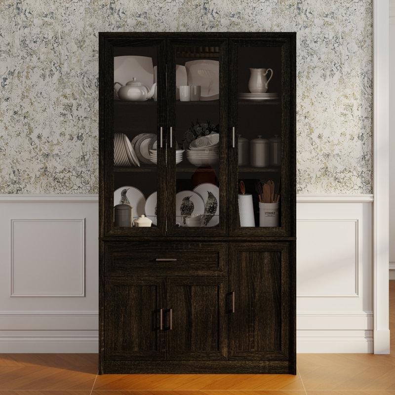 Vizon Masif Ahşap 6 Kapaklı Çekmeceli Cam Vitrin - Gümüşlük - 118x40x203 cm - 156994