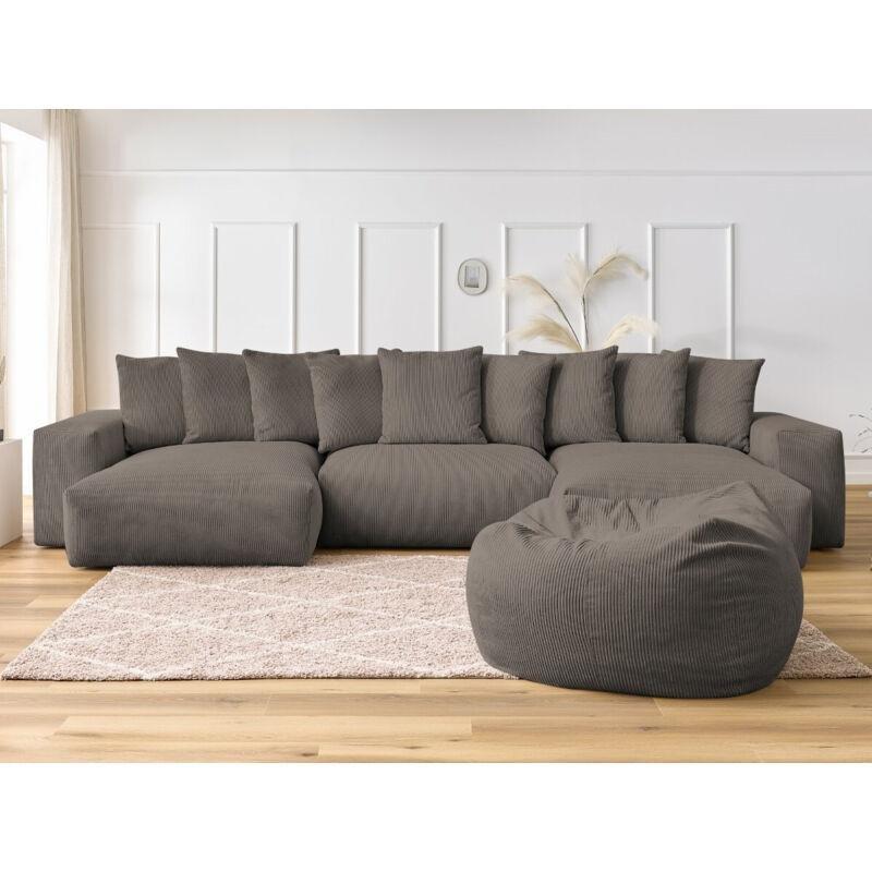 Vizon Rengi Fitilli Kadife Puflu Panoramik Koltuk Takımı - 420 cm - 153972