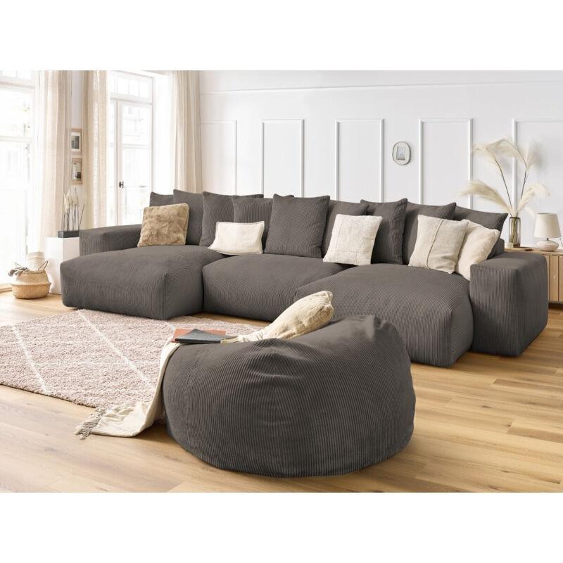 Vizon Rengi Fitilli Kadife Puflu Panoramik Koltuk Takımı - 420 cm - 153972