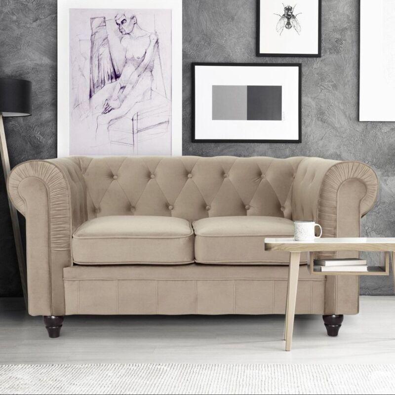 Vizon Rengi Kadife Kapitoneli Chesterfield İkili Koltuk - 158 cm - 154234