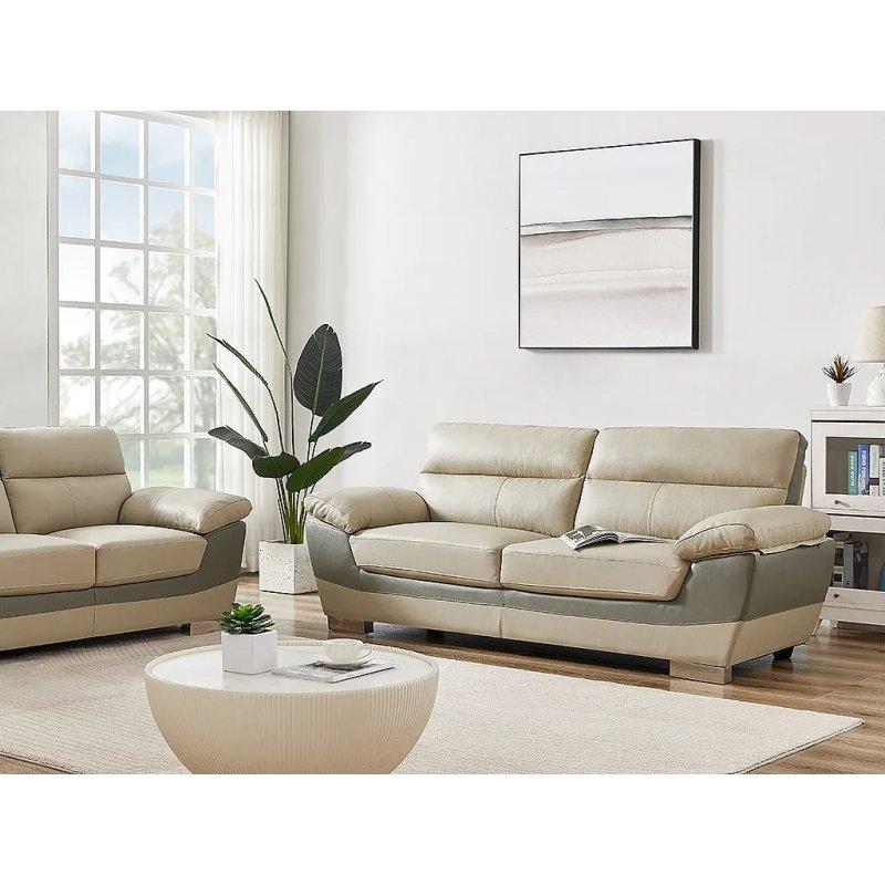 Vizon Rengi Sığır Derisi Çift Renkli Tasarım Krom Ayaklı Üçlü Koltuk - 210 cm - 155326