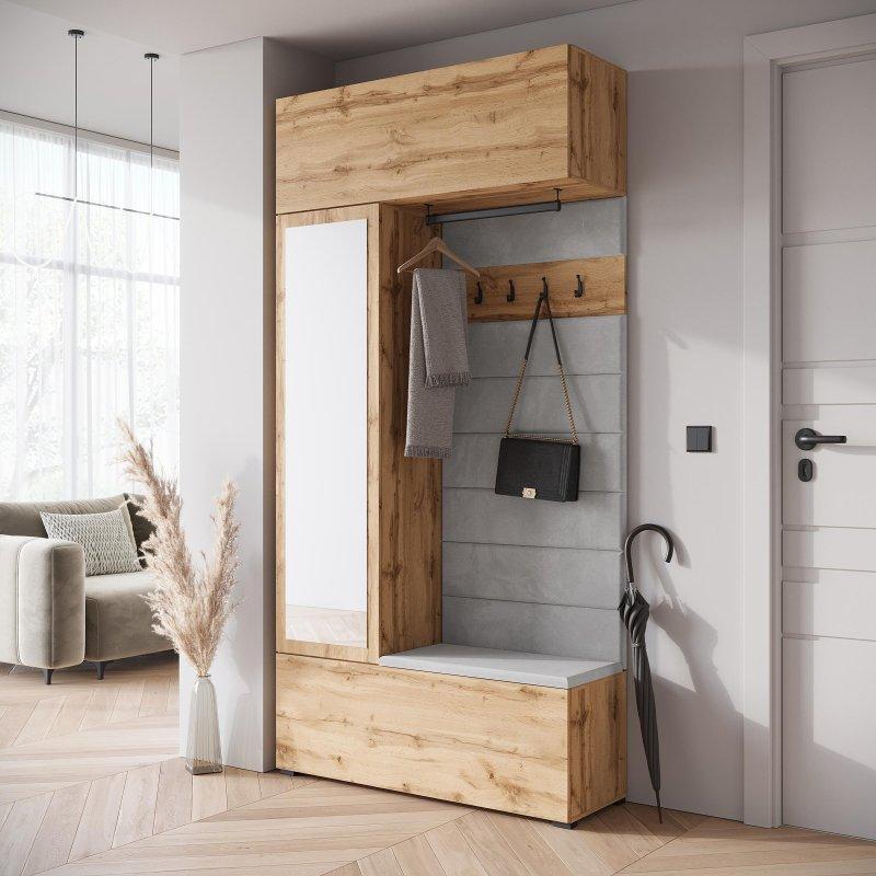 Wotan Meşe ve Gri Sunta Aynalı Bas-Aç Kapaklı Portmanto Vestiyer - 115 cm - 159049