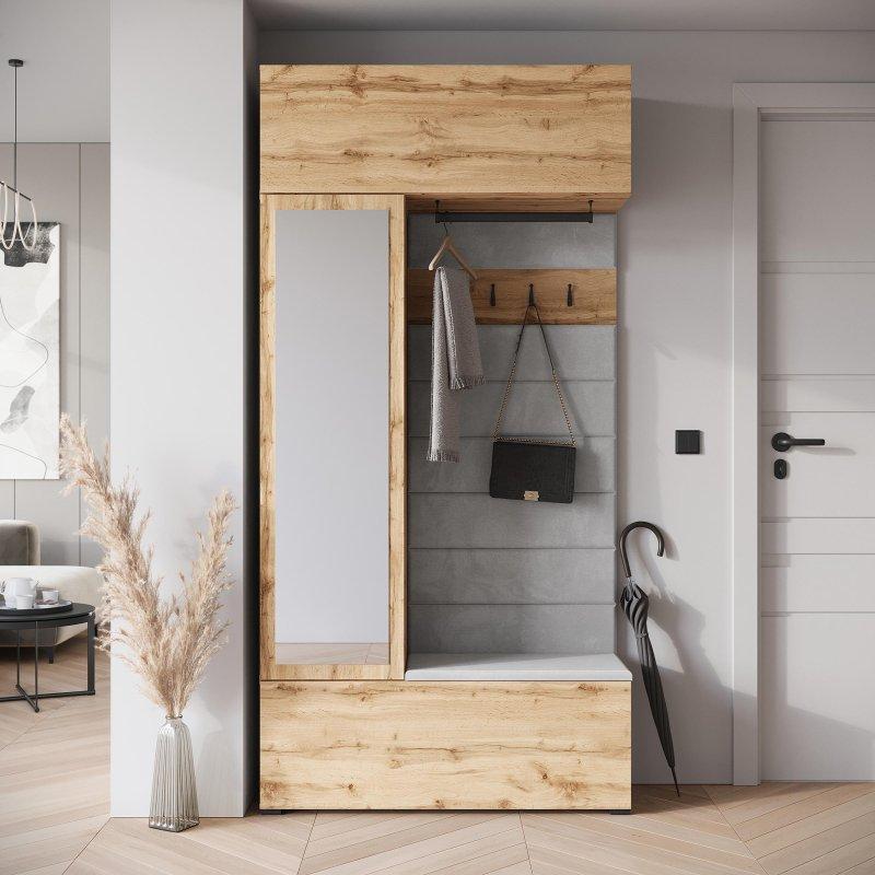 Wotan Meşe ve Gri Sunta Aynalı Bas-Aç Kapaklı Portmanto Vestiyer - 115 cm - 159049