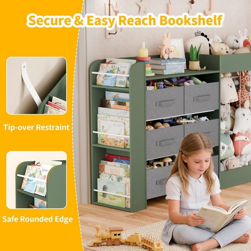 Yeşil Ahşap 6 Sepetli Kitaplıklı Geniş Hacimli Oyuncak Dolabı - 156 cm - 150042