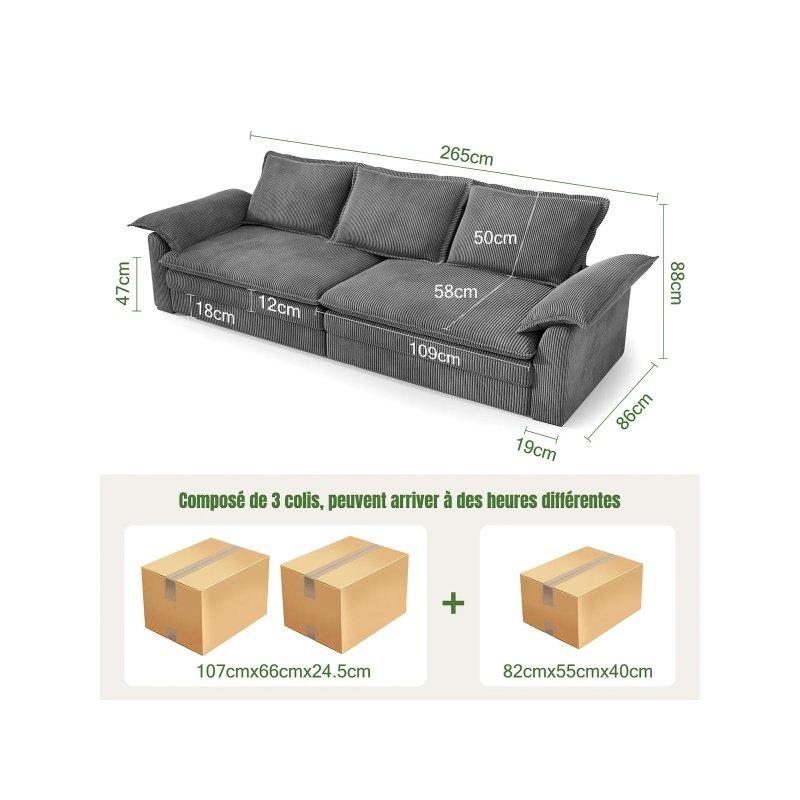 Yeşil Fitilli Kadife 2 Kolçak Yastıklı Çıkarılabilir Kılıflı 3 Kişilik Koltuk - 265x86x88 cm - 155377