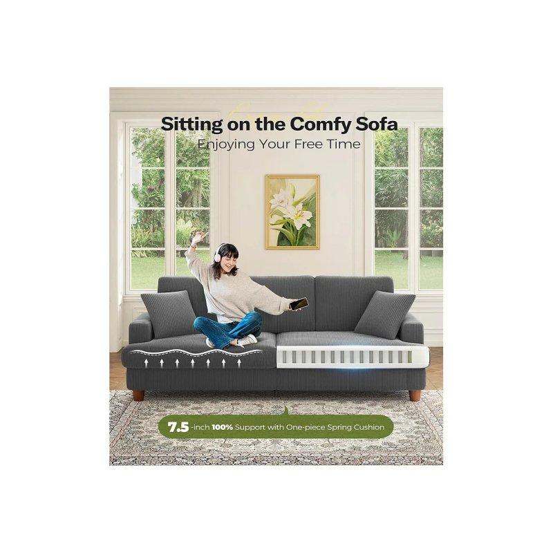 Yeşil Fitilli Kadife Kumaş 2 Kırlentli Ekstra Derin Oturumlu Üçlü Koltuk - 220x76x84 cm - 155881