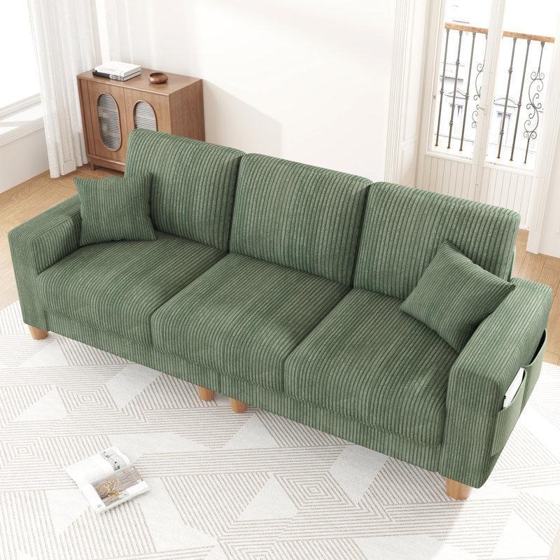 Yeşil Fitilli Kadife Masif Ahşap 3 Kişilik Aletsiz Kurulum Koltuk - 257 cm - 151771