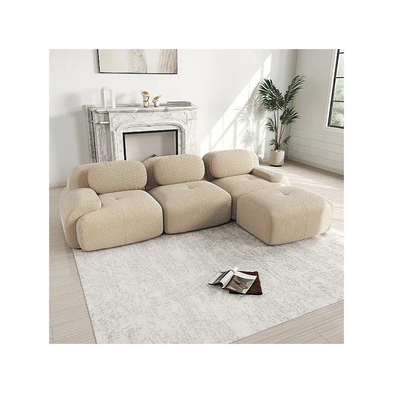 Yeşil Fitilli Kadife Modüler 3 Yastıklı Puflu Köşe Koltuk - 298x178x70 cm - 155302