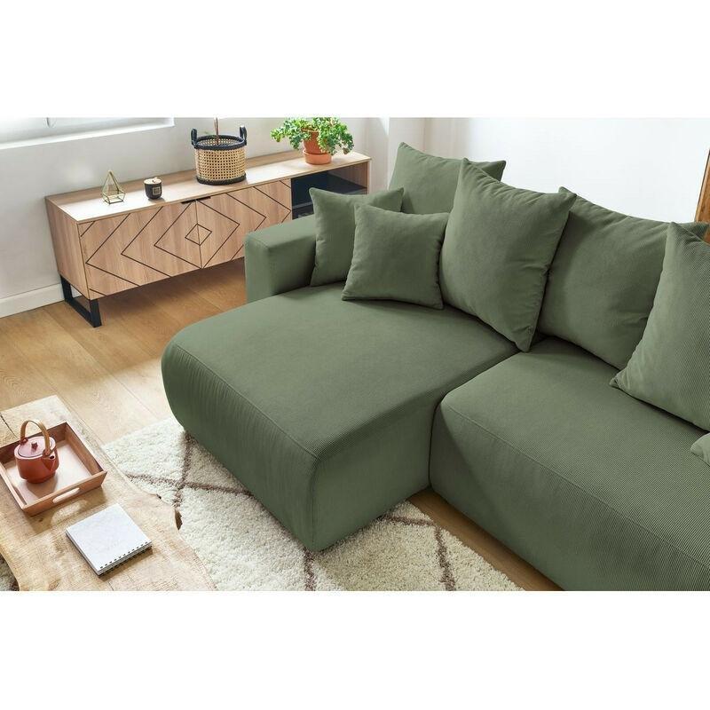 Yeşil Fitilli Kadife Sandıklı Yataklı Ters Çevrilebilir Köşe Koltuk - 282 cm - 152444