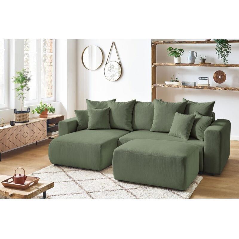 Yeşil Fitilli Kadife Sandıklı Yataklı Yönü Değiştirilebilir Puflu Köşe Koltuk Takımı - 282x153 cm - 152437