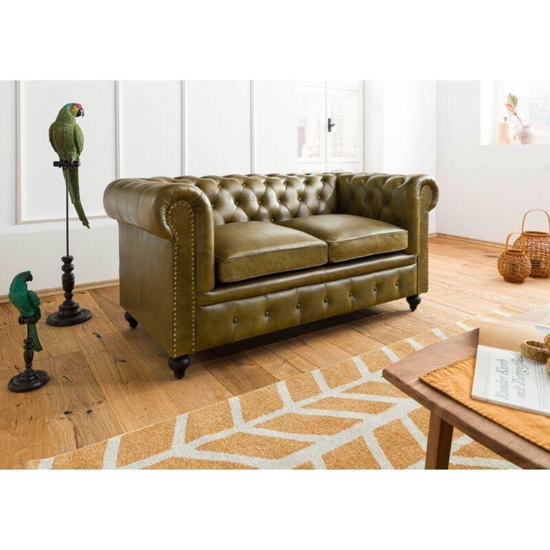 Yeşil Hakiki Deri Kapitoneli Zımbalı Chesterfield İkili Koltuk - 158x82 cm - 152222