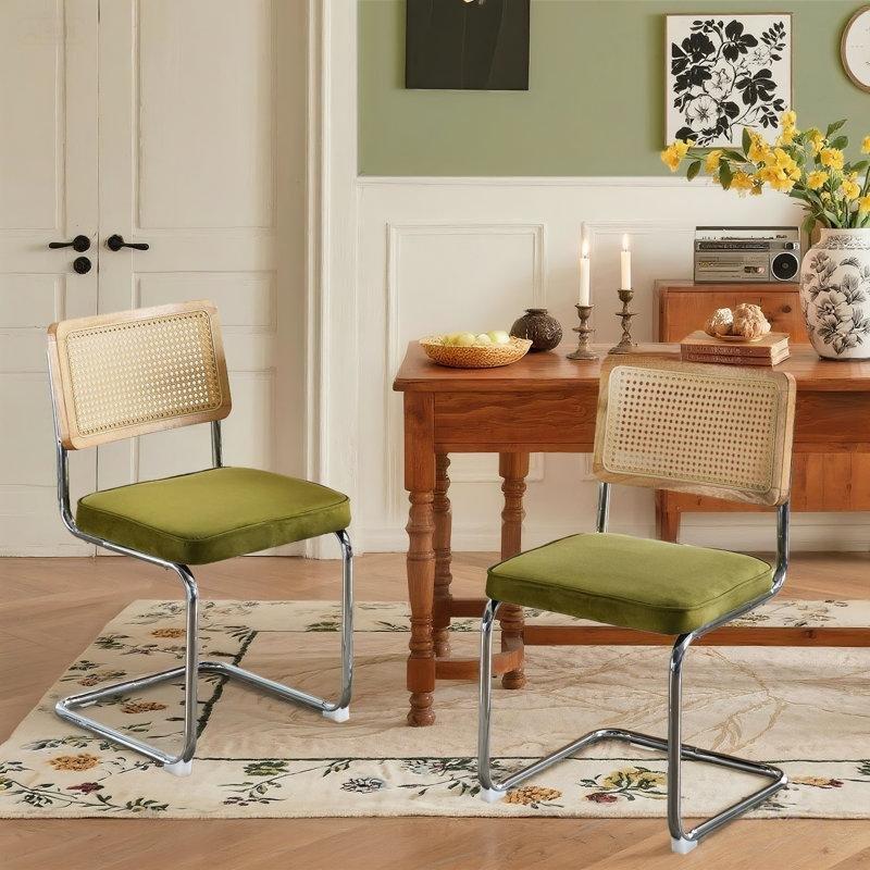 Yeşil Kadife Döşemeli Çelik C Ayaklı Ahşap Rattan Sandalye - 49 cm - 146808