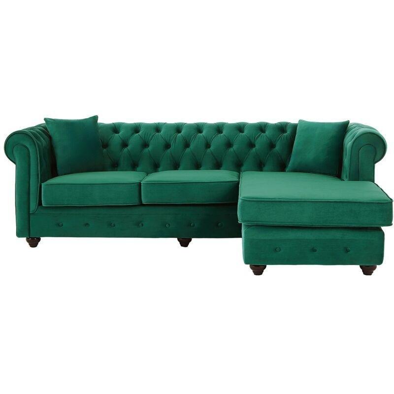 Yeşil Kadife Kapitoneli Yönü Değiştirilebilir Chesterfield Köşe Koltuk - 228 cm - 152371