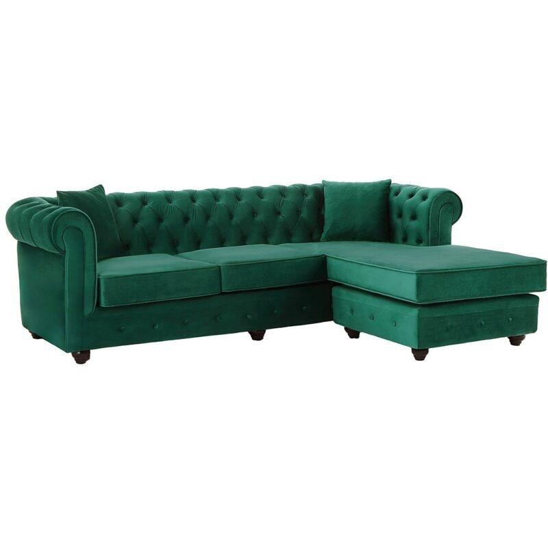 Yeşil Kadife Kapitoneli Yönü Değiştirilebilir Chesterfield Köşe Koltuk - 228 cm - 152371