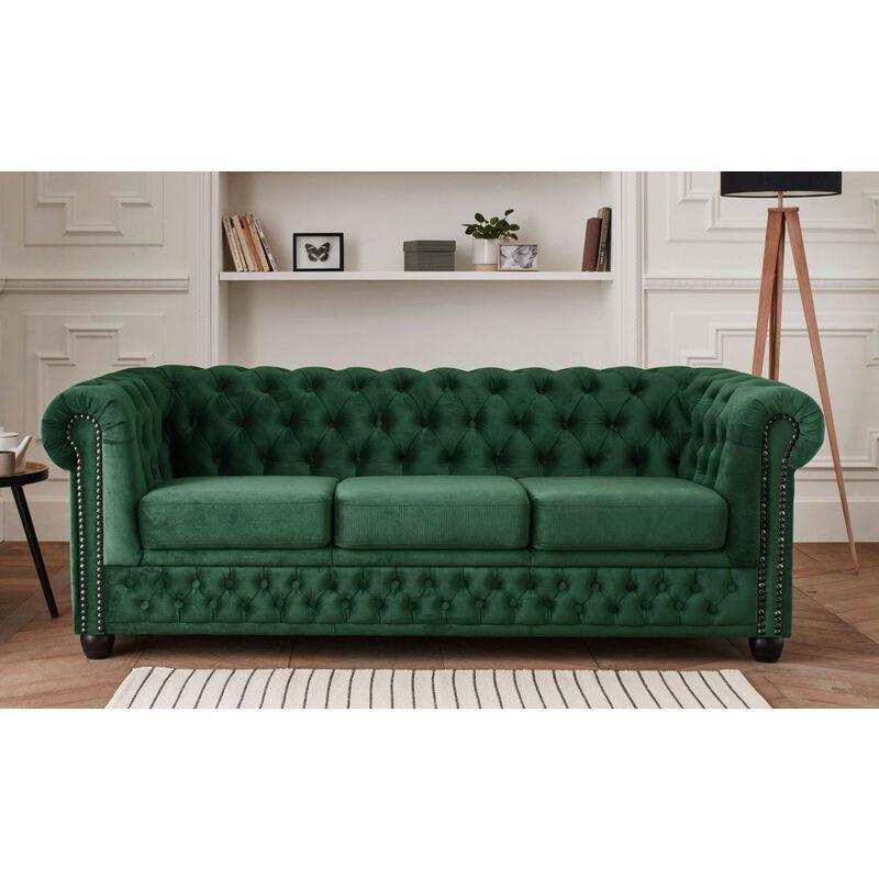 Yeşil Kadife Kapitoneli Zımbalı 3 Kişilik Chesterfield Koltuk - 201 cm - 154380