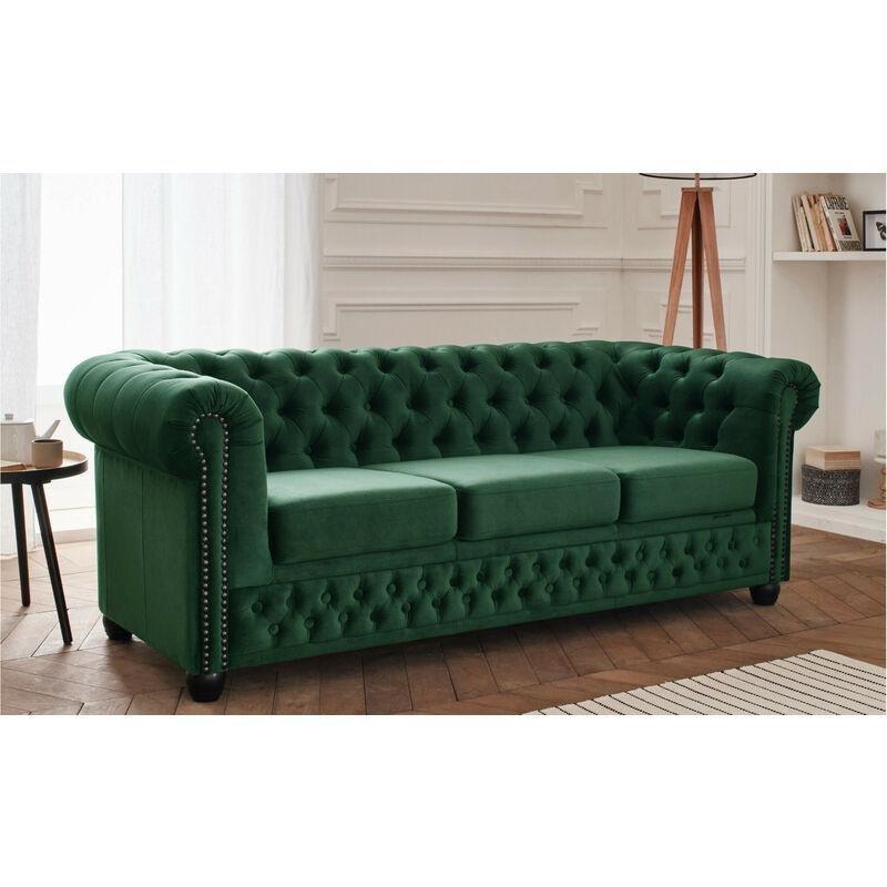 Yeşil Kadife Kapitoneli Zımbalı 3 Kişilik Chesterfield Koltuk - 201 cm - 154380