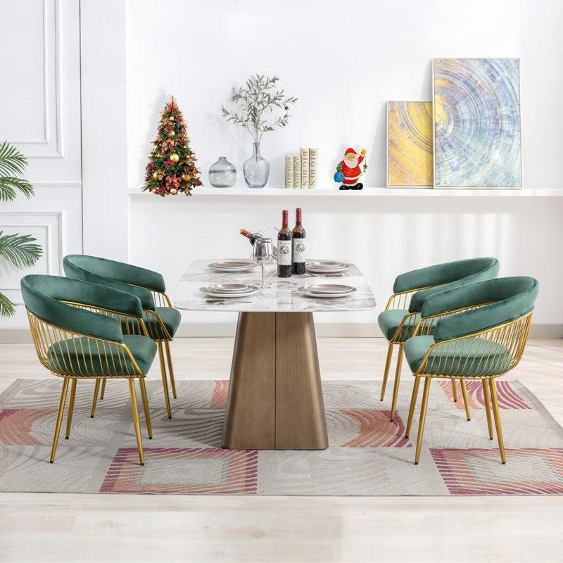 Yeşil Kadife Kolçaklı 4lü Set Gold Sandalye - 146043