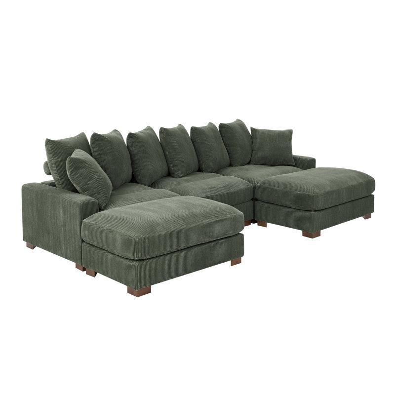Yeşil Kadife Masif Ahşap Ayaklı Modüler Ayarlanabilir Başlıklı Puflu Koltuk - 310 cm - 151660