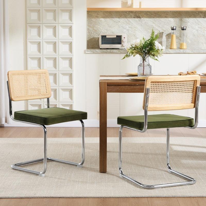 Yeşil Kadife Rattan Sırtlı C Şeklinde Çelik Ayaklı Bohem Sandalye - 2li Set - 145542