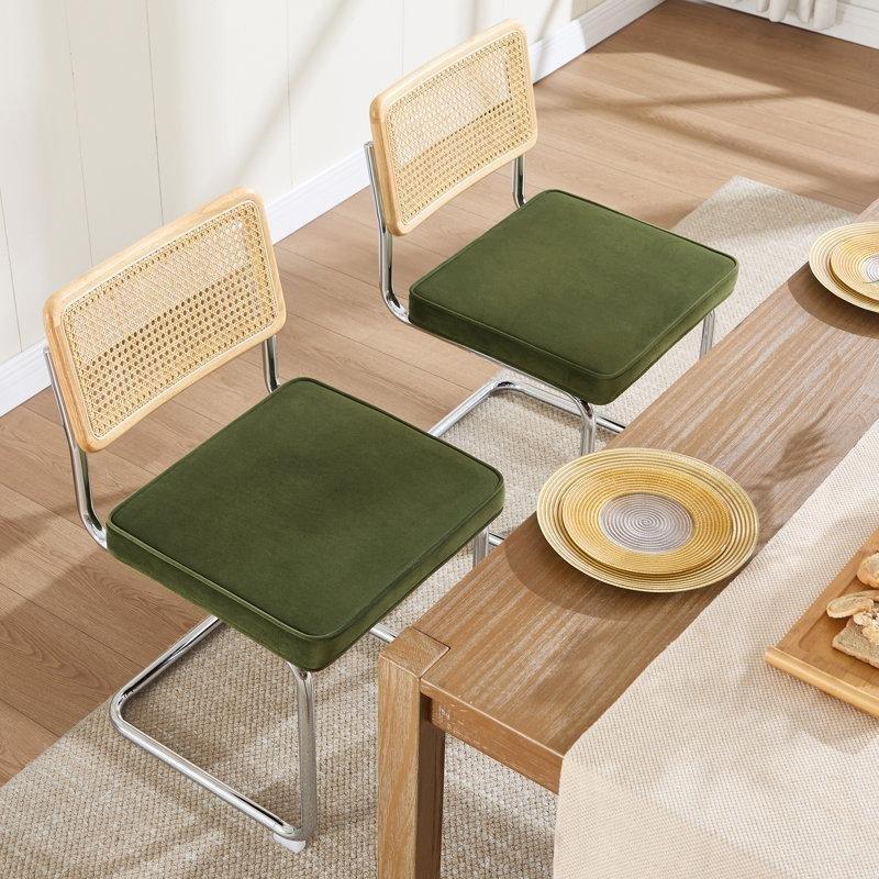 Yeşil Kadife Rattan Sırtlı C Şeklinde Çelik Ayaklı Bohem Sandalye - 2li Set - 145542