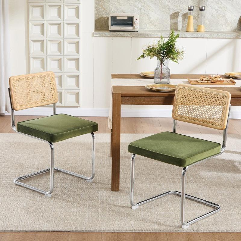 Yeşil Kadife Rattan Sırtlı C Şeklinde Çelik Ayaklı Bohem Sandalye - 2li Set - 145542