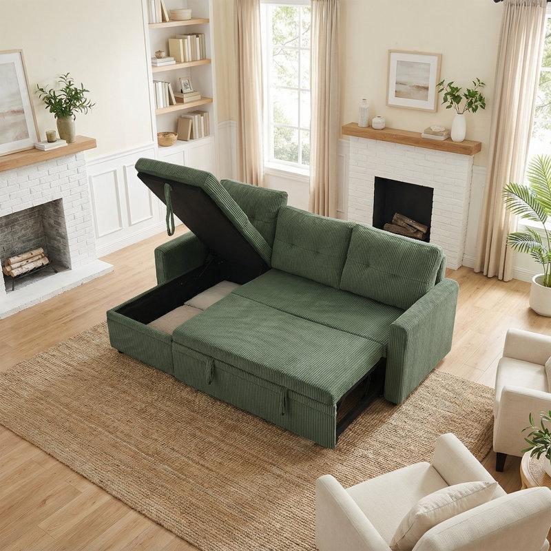 Yeşil Kadife Yataklı Sandıklı Kapitoneli Yönü Değiştirilebilir Köşe Koltuk - 201 cm - 151891