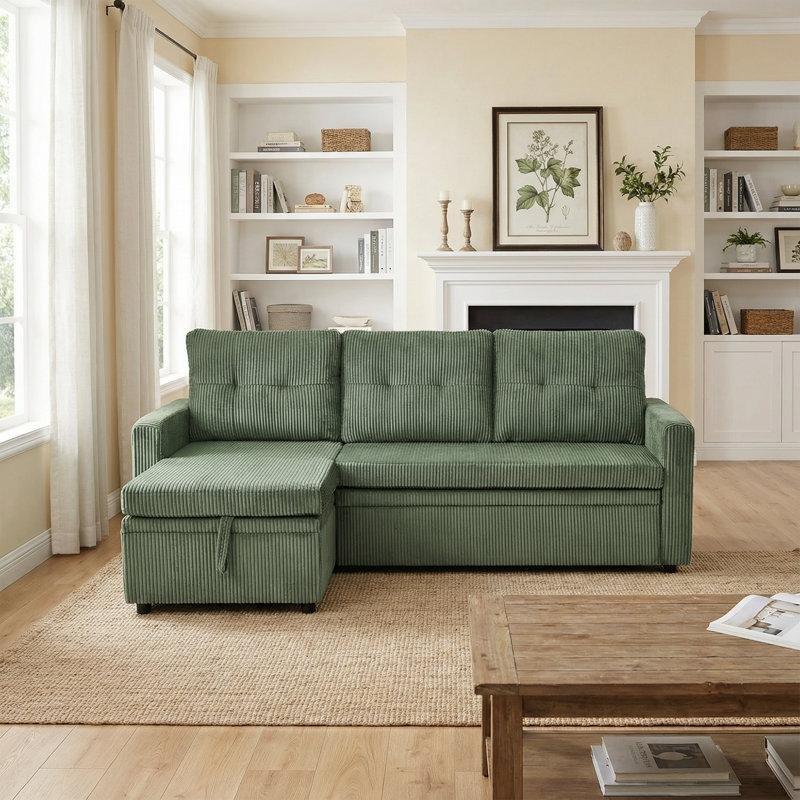 Yeşil Kadife Yataklı Sandıklı Kapitoneli Yönü Değiştirilebilir Köşe Koltuk - 201 cm - 151891