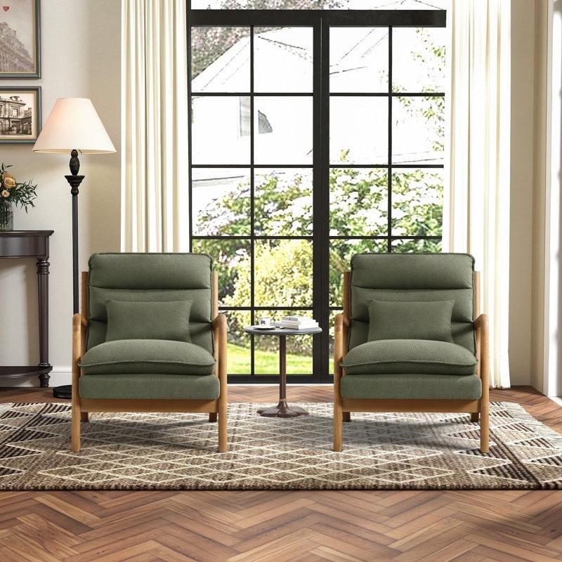 Yeşil Keten Kauçuk Ağacı Bel Destek Yastıklı Berjer Koltuk - 2'li Set - 156736