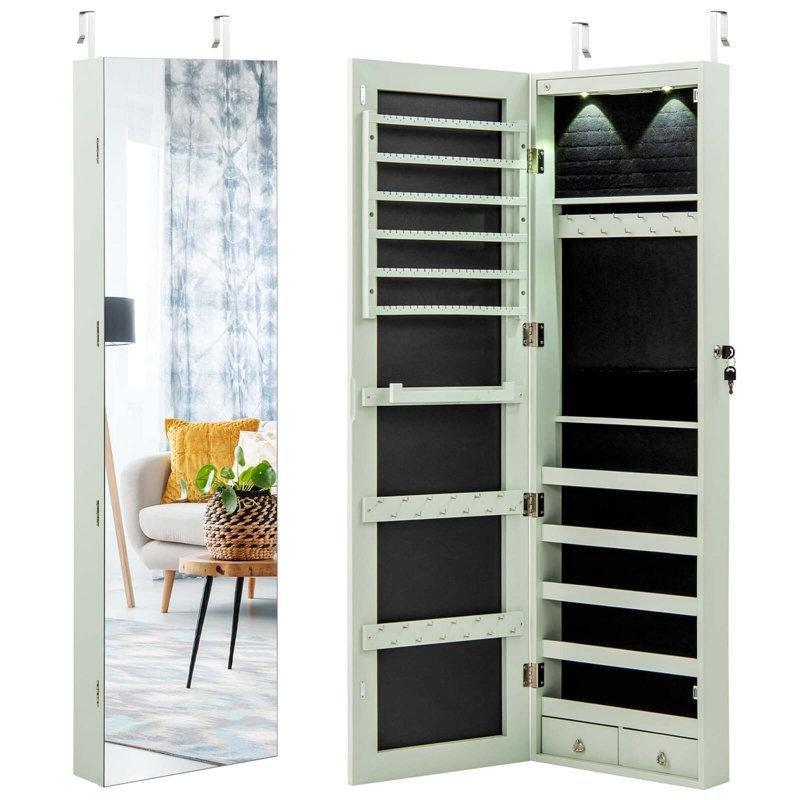 Yeşil LED Işıklı Kilitli Çekmeceli Duvara Monte ve Kapıya Asılan Boy Aynalı Takı Dolabı - 121x36 cm - 145281