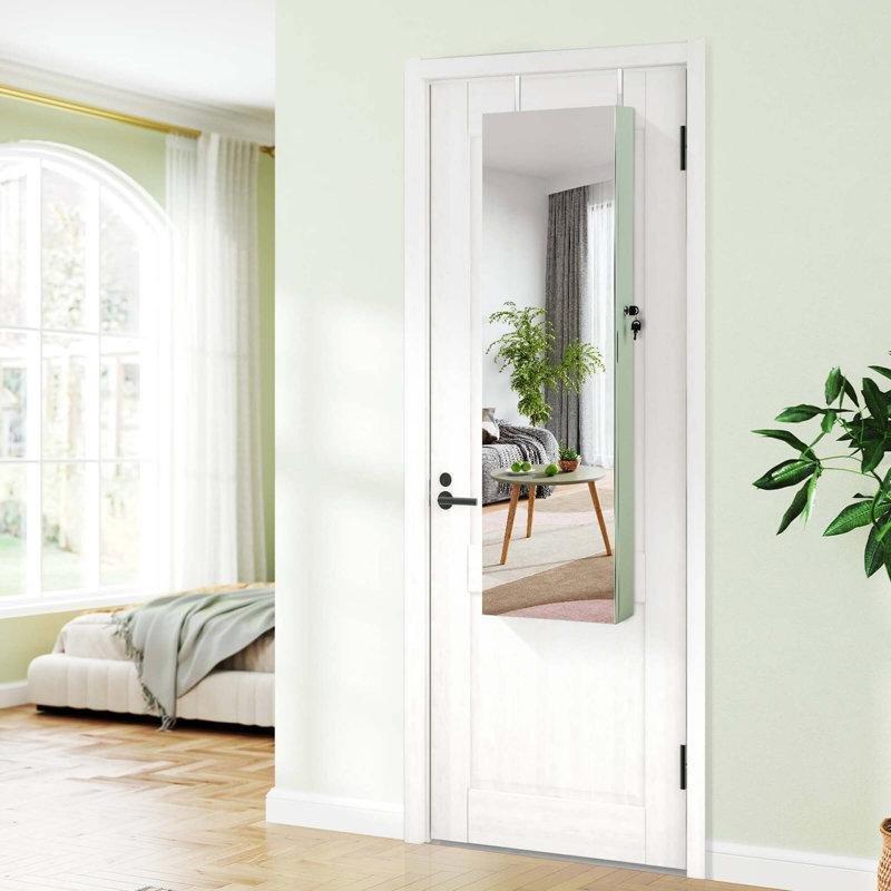 Yeşil LED Işıklı Kilitli Çekmeceli Duvara Monte ve Kapıya Asılan Boy Aynalı Takı Dolabı - 121x36 cm - 145281