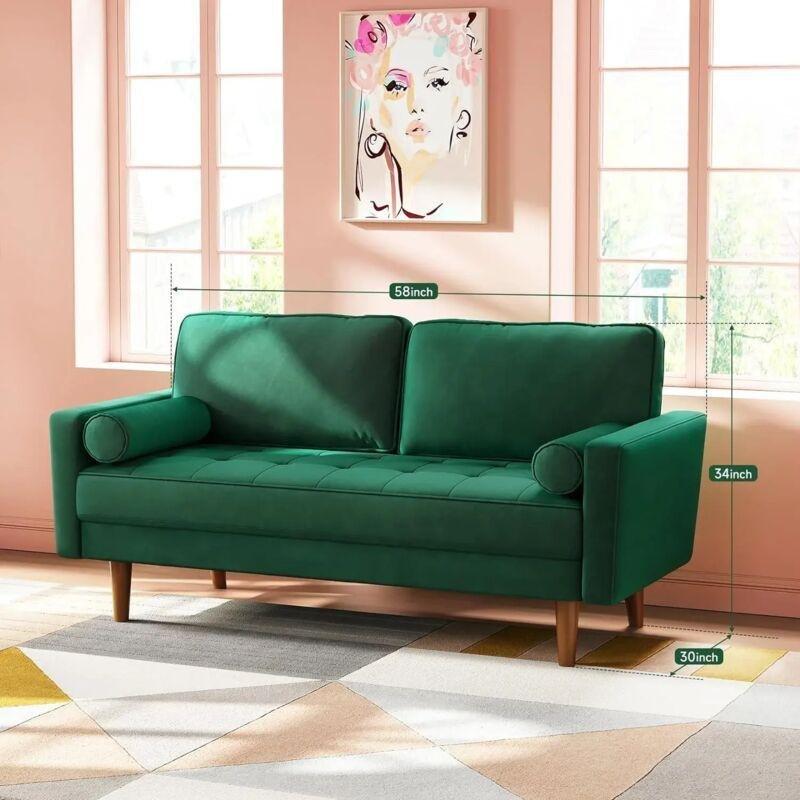 Yeşil Masif Ahşap Kadife Kıvrımlı Kollu İki Kişilik Koltuk - 149x78 cm - 152661