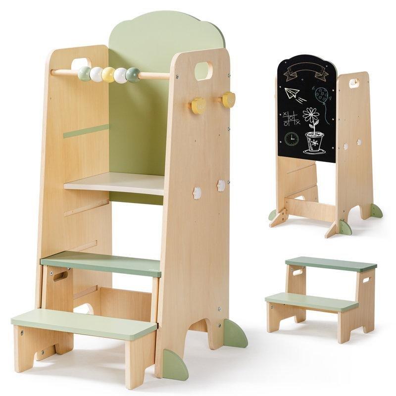 Yeşil Masif ve Endüstriyel Ahşap Ayarlanabilir Yazı Tahtalı Montessori Öğrenme Kulesi - 163072
