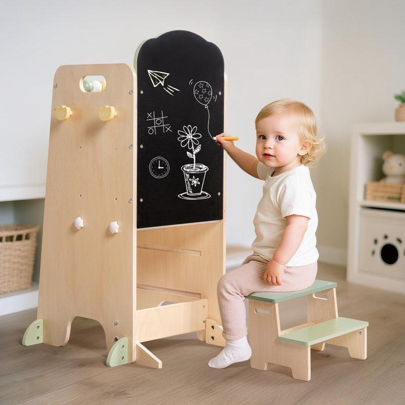 Yeşil Masif ve Endüstriyel Ahşap Ayarlanabilir Yazı Tahtalı Montessori Öğrenme Kulesi - 163072