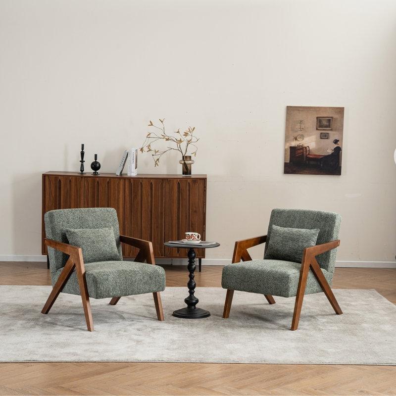 Yeşil Şönil Kumaş Masif Ahşap Ayaklı Yastıklı Berjer Koltuk - 156748