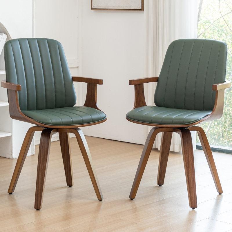 Yeşil Suni Deri Döşemeli Döner Kolçaklı Ceviz Sandalye 2li Set - 145716