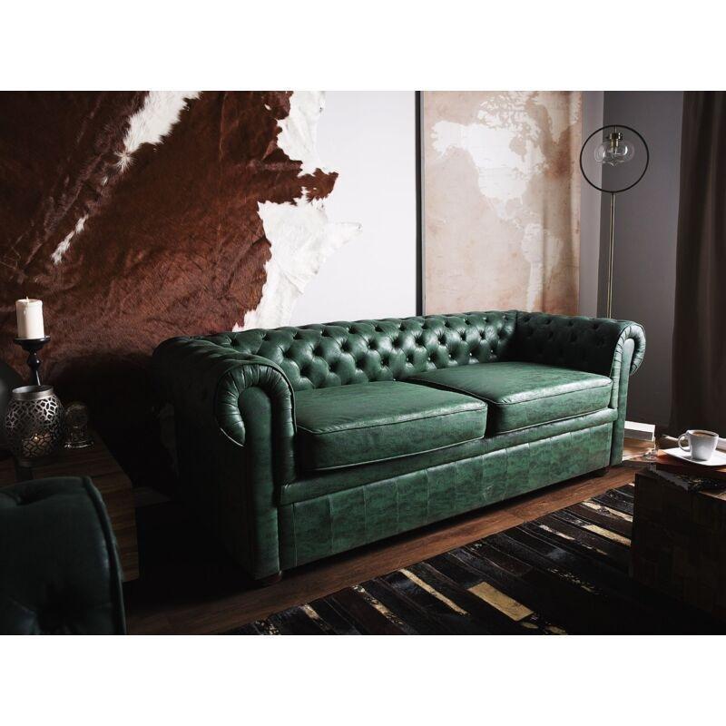 Yeşil Suni Deri Meşe Ayaklı Chesterfield 3 Kişilik Koltuk - 195 cm - 152567