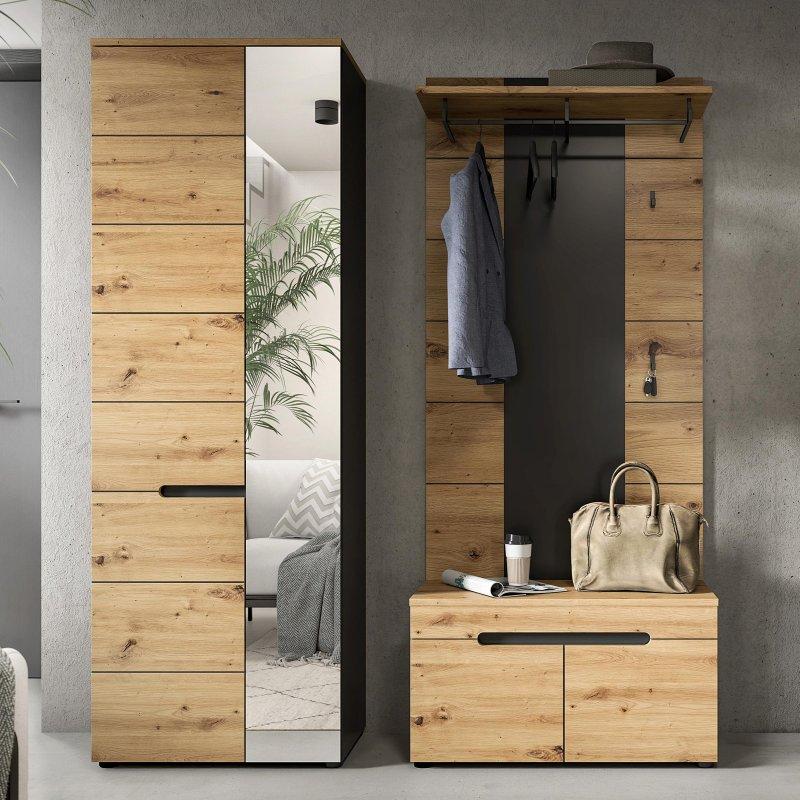 Zanaatkar Dekor ve Antrasit Sunta Aynalı Oturaklı 3 Parçalı Portmanto Vestiyer - 160 cm - 159127