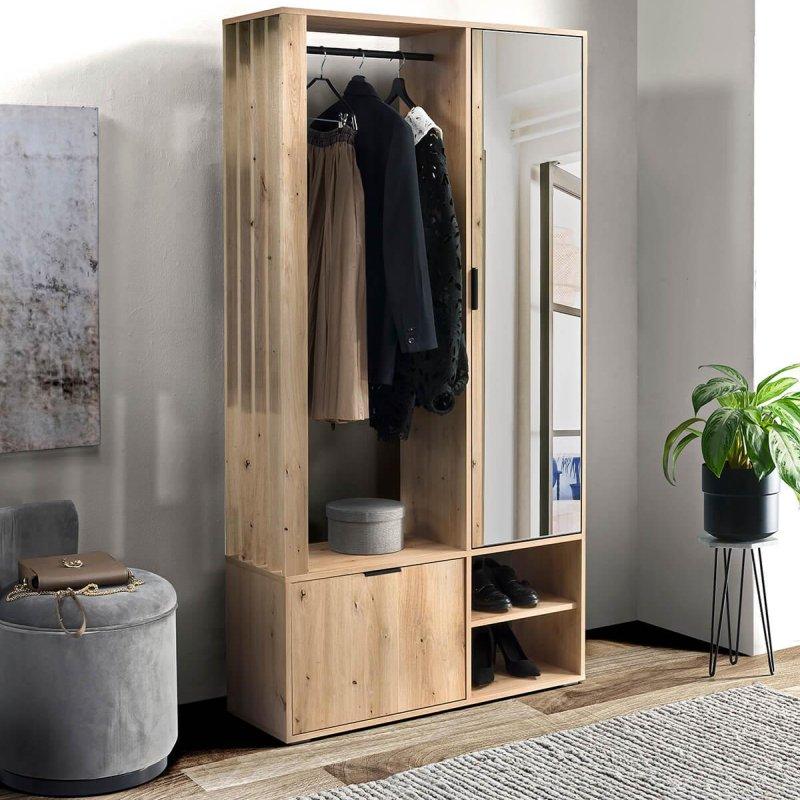 Zanaatkar Meşe Ahşap Aynalı Askılıklı Portmanto Vestiyer - 100x190x33 cm - 159211