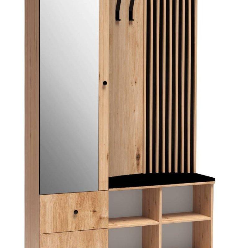 Zanaatkar Meşe Rengi Aynalı Oturaklı Çıtalı Portmanto Vestiyer - 129x195 cm - 158725