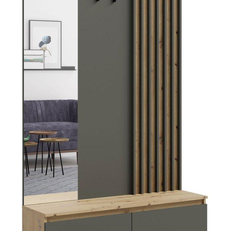 Zanaatkar Meşe ve Grafit Gri Çıtalı Aynalı Portmanto Vestiyer - 120x34x202 cm - 159331