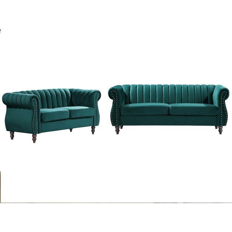 Zümrüt Yeşili Kadife Çivili Detaylı Ahşap Ayaklı Chesterfield Koltuk Takımı - 154123