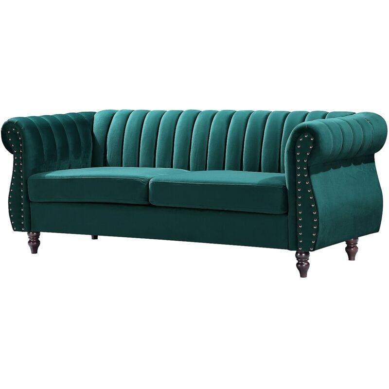 Zümrüt Yeşili Kadife Çivili Detaylı Ahşap Ayaklı Chesterfield Koltuk Takımı - 154123