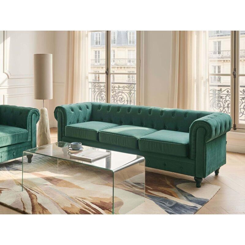 Zümrüt Yeşili Kadife Yuvarlak Kolçaklı Chesterfield Üçlü Koltuk - 202 cm - 152636