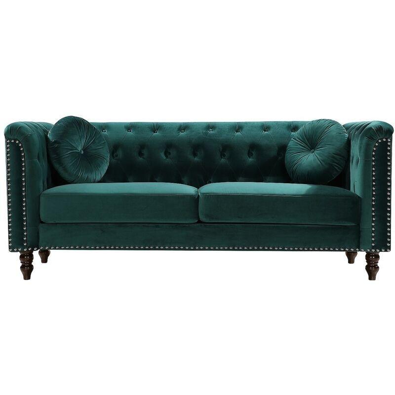 Zümrüt Yeşili Kadife Zımba Detaylı Chesterfield 3 Kişilik Koltuk - 152253